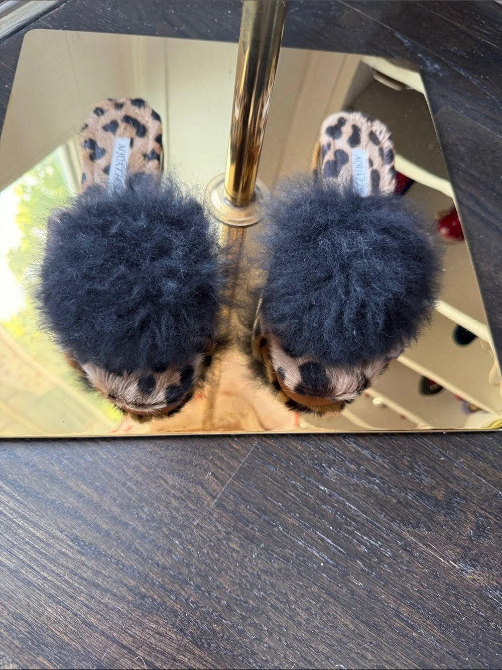 Aquazzura Leopard Print Fur Pom Slide Sandals in Black and Brown